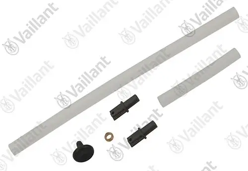 Vaillant Messnippel-Set mit zwei Schlauchstücken, einem Stopfen und einer Dichtung in neutralen Farben auf hellem Hintergrund.